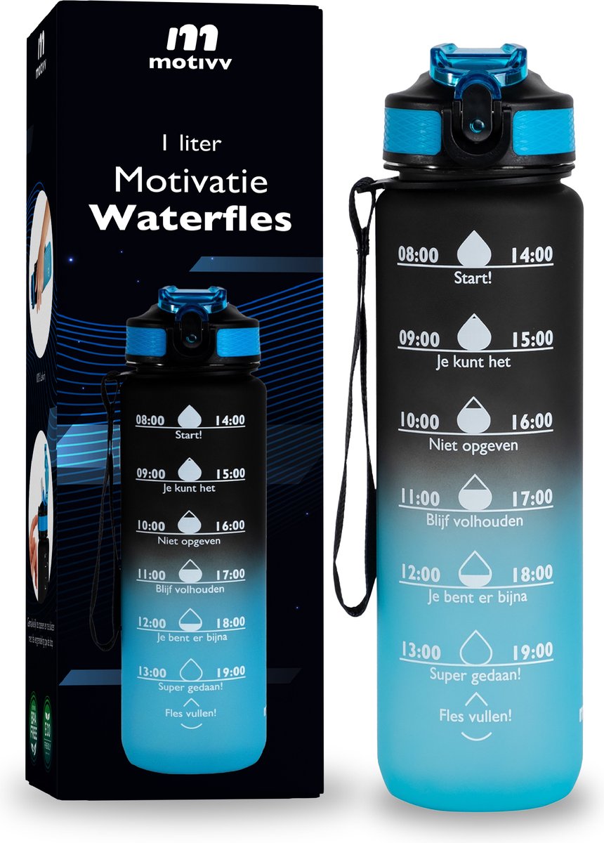 Motivv Nederlandse Motivatie Waterfles - 1 Liter - Nederlandse Tekst - Drinkfles - Waterfles met Tijdmarkeringen - Fitness & Crossfit - Inclusief Schoonmaakborsteltje - Onyx Aqua