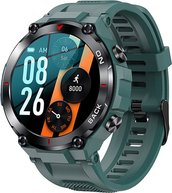 Pro-Care Excellent Quality™ Heavy Outdoor GPS Smart Watch 1.32 Inch IPS Fitness Tracker - 40 Days Super Long Standby - 480mAh - IP68 - Bluetooth - Berichten - O2 Zuurstofmeter - Magnetic Laden - TPU Groen Alu Groen Case