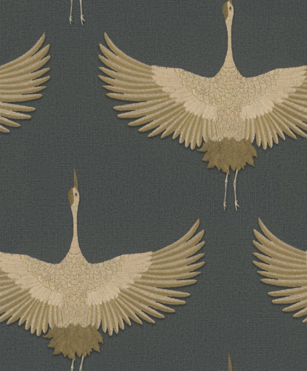 Kumano - Kraanvogels - Wallpaper - Wandbekleding - Vliesbehang - Zwart - 0,53 x 10,05 M.