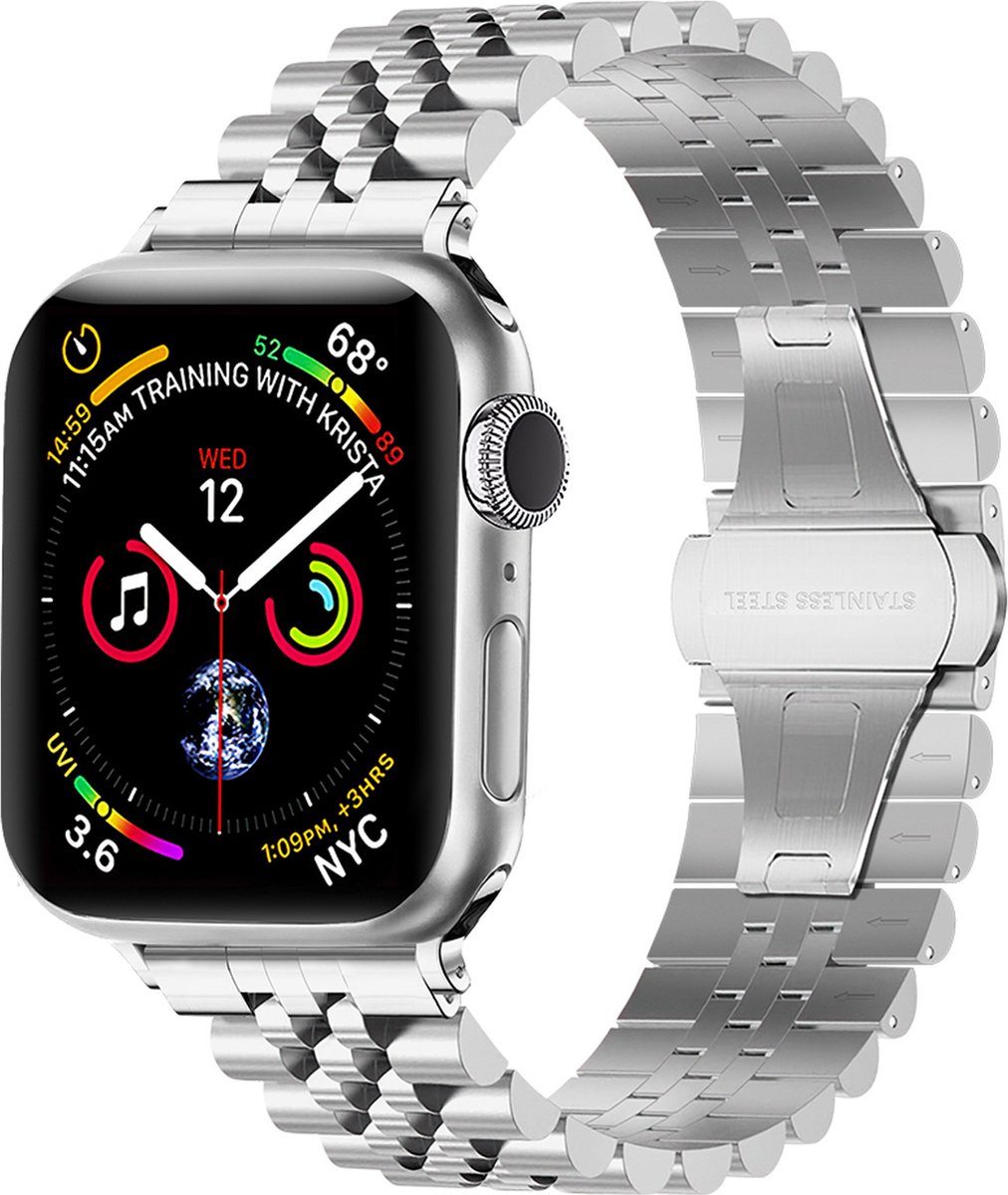 Strap-it Jubilee stalen schakel band - Geschikt voor Apple Watch bandje - Series 1/2/3/4/5/6/7/8/9/10/11/SE/SE2/SE3 - Zilver - Staal/metalen luxe band met vlindersluiting - RVS iWatch bandje voor maat: 38 / 40 / 41 / 42mm