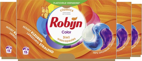Robijn - Wasmiddel - 3-in-1 Wascapsules - Color - 4 x 15 stuks - 60 Wasbeurten - Voordeelverpakking