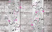 Fotobehang - Vlies Behang - Abstracte Bloemenkunst en Sterren op Betonnen Muur - 312 x 219 cm