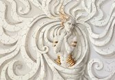 Fotobehang - Vlies Behang - Medusa Sculpture - Gouden Beeldhouwwerk - Vrouw - Kunst - 312 x 219 cm