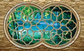 Fotobehang - Vlies Behang - Uitzicht op Tuquoise Meer door Sierlijk Raam 3D - 312 x 219 cm