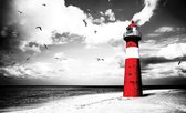 Fotobehang - Vlies Behang - Rode Vuurtoren op het Strand aan Zee - 368 x 254 cm