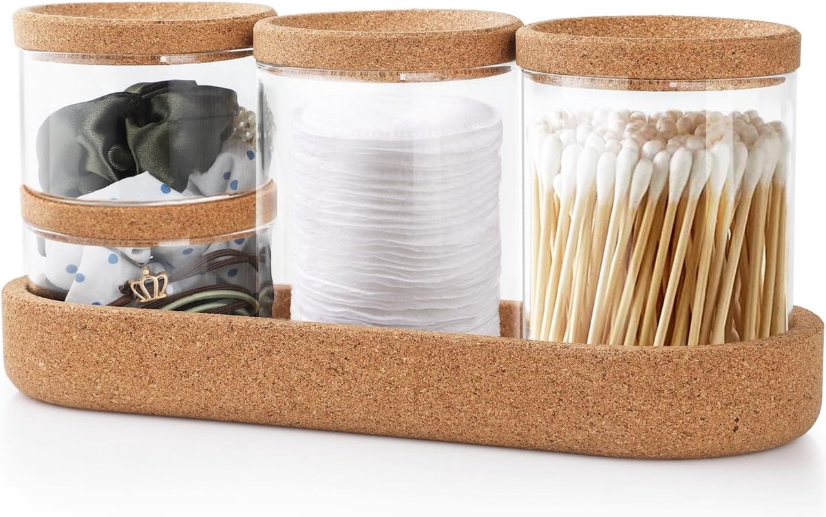 Goedkoopste Set van 4 wattenstaafjes, kurkafdekking, wattenschijfdispenser met basishouder voor het opbergen van wattenstaafjes, wattenschijfjes, transparant