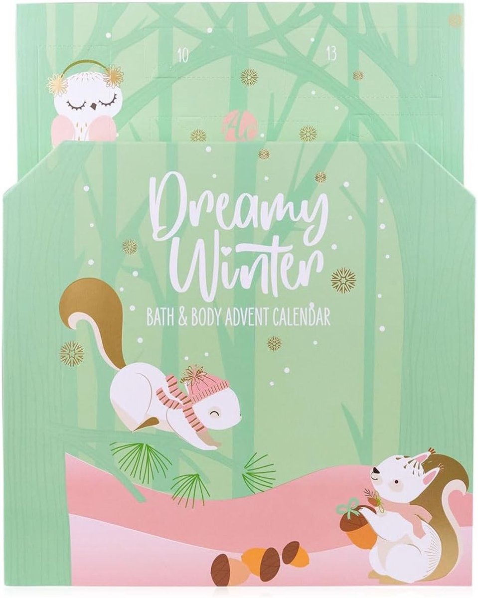 Adventskalender - Meisjes - 28 x 9 x 34 cm - 24 Verzorgingsproducten met Bodylotion en Bath Bombs - Beauty Cadeau