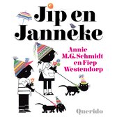 Jip en Janneke. Twee kinderen met gestreepte mutsen, een hond en een kat lopen met een paraplu.