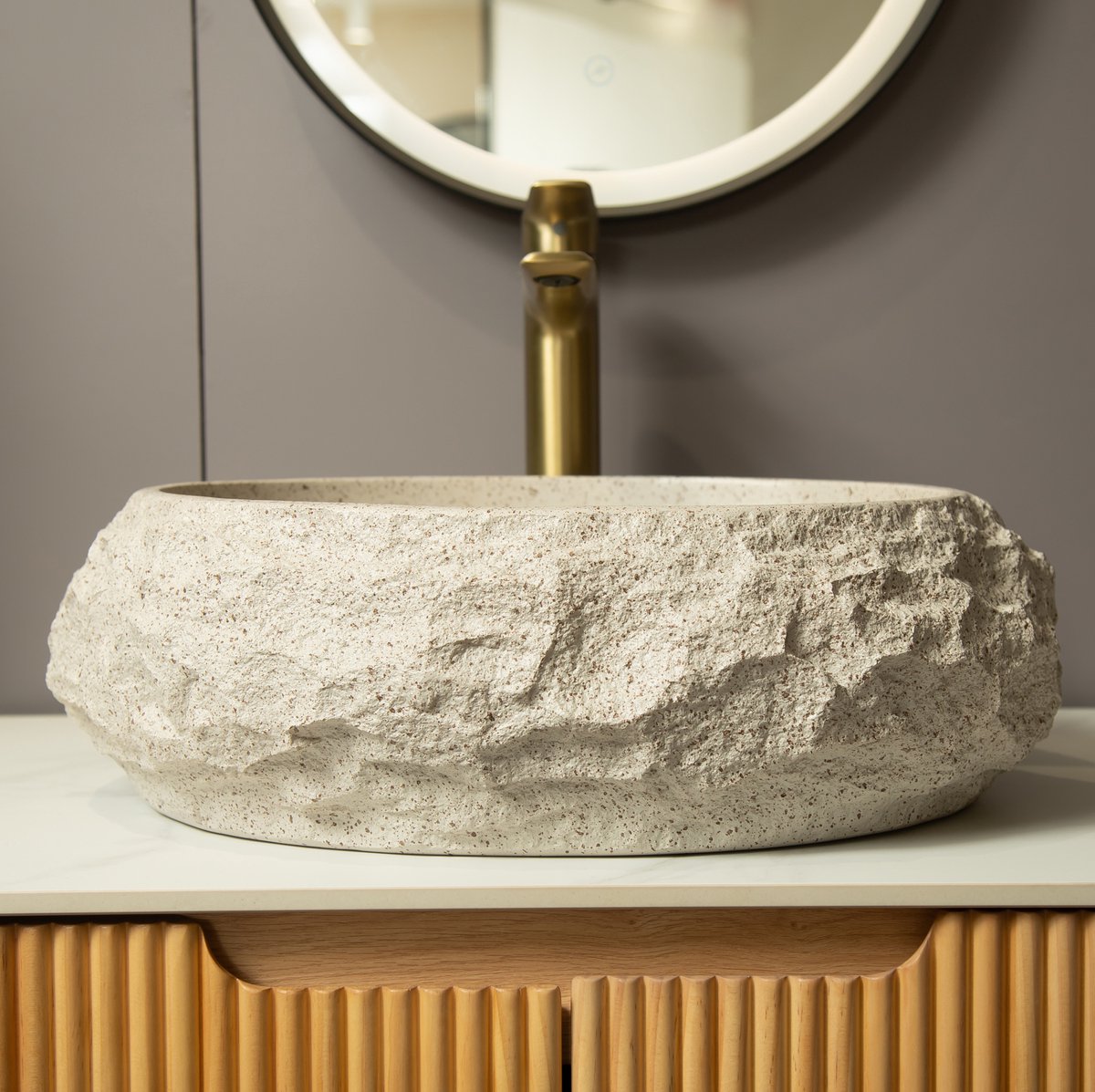 Waskom – Asymmetrische Steenlook – 45 x 32 x 15 cm – Kunsthars – Beige – Opbouwmontage – Zonder Overloop