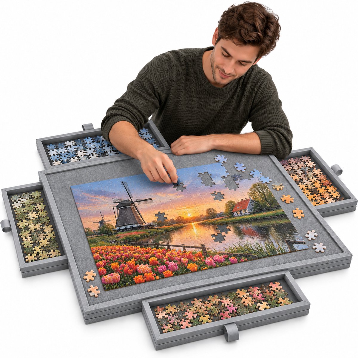 Currero Puzzeltafel Met Lades 1000 Stukjes - Puzzelbord - Puzzelmat - Opbergsysteem - Vilt - Met Deksel - Legpuzzel Accessoires - 1000 Pcs Grijs