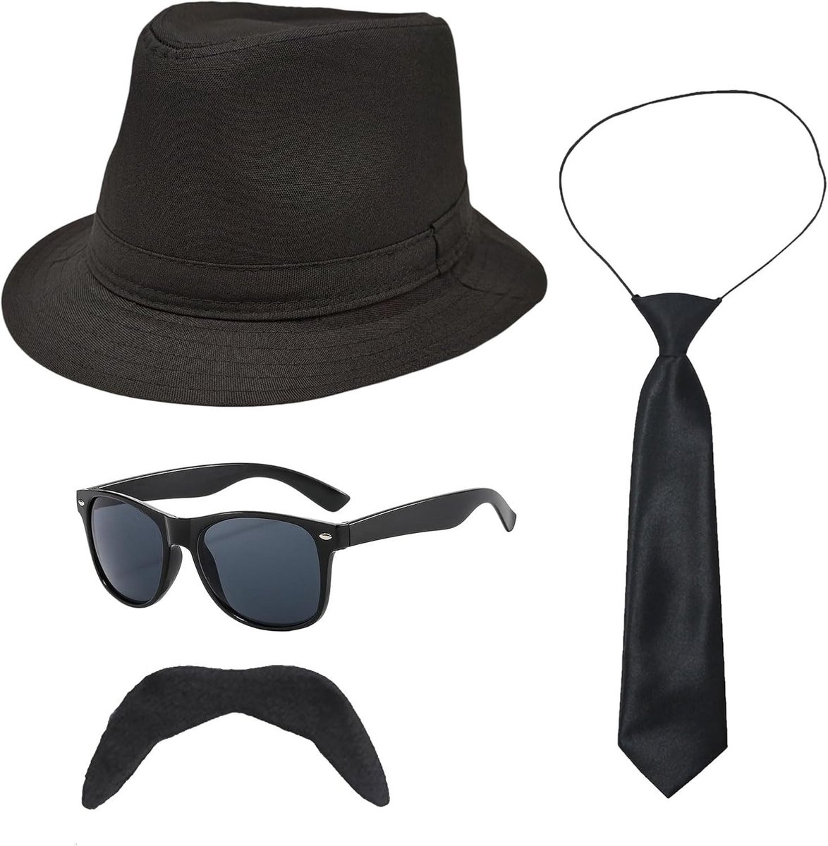 4-delige Gangster Kostuum voor Volwassenen met Trilby Hoed, Zwarte Stropdas, Zonnebril en Snor voor Gatsby, Mafia en Carnaval Feesten