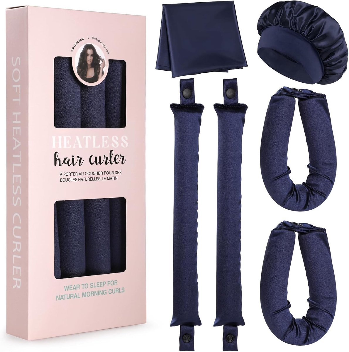 Zijdeachtige Haarrollers voor Nachtelijke Krullen, 6 Stuks, Warmtevrije Krullen, Ideaal voor een Zorgeloze Styling met Douchkap en Haar Sjaal, Marineblauw