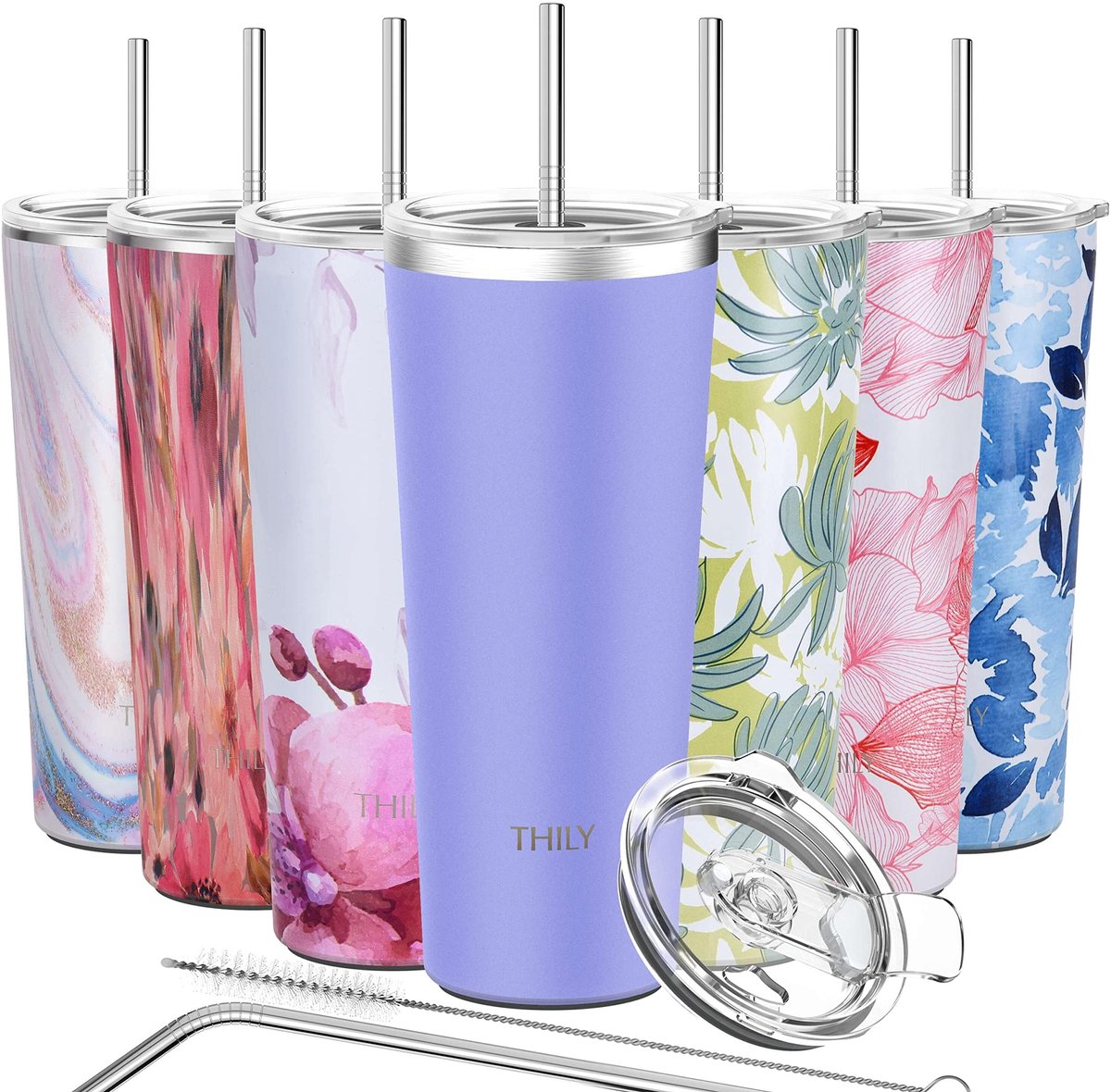 Elzusha - Thermosbeker met 2 Deksels en Rietjes - 780 ml - Lavendel