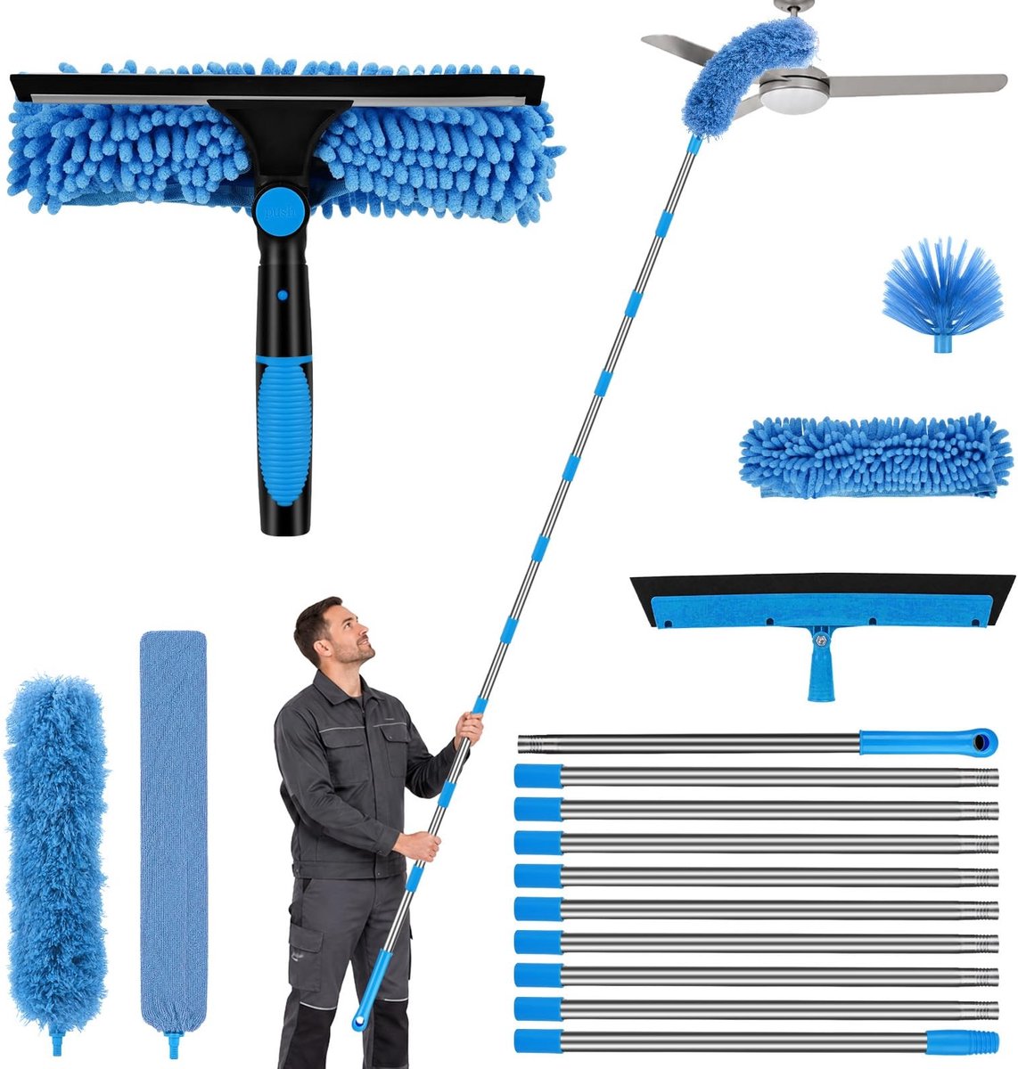 Elzusha - Ruitenwisser met telescopische handgreep - 4m Blauw