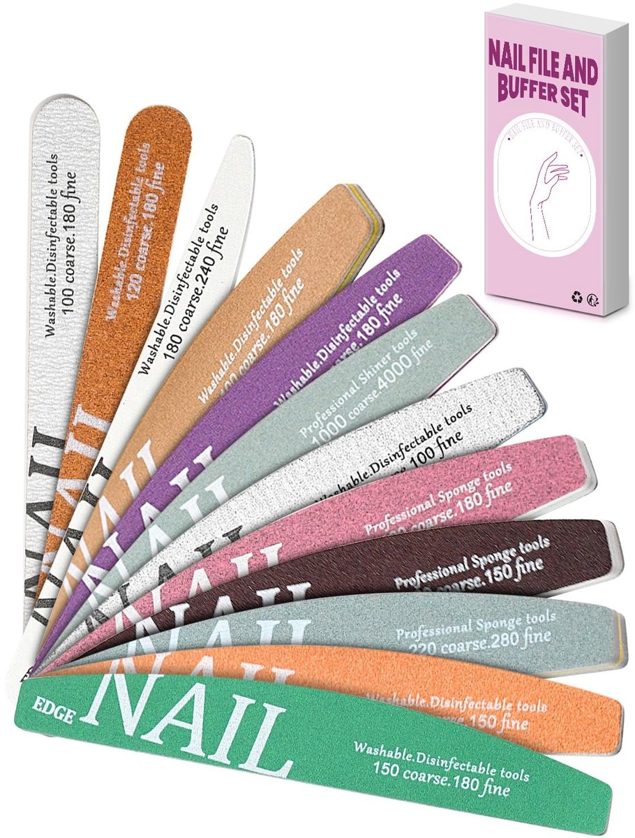 Elzusha - Vijl en Buffer Set - 12 Stuks voor Natuurlijke en Kunstnagels