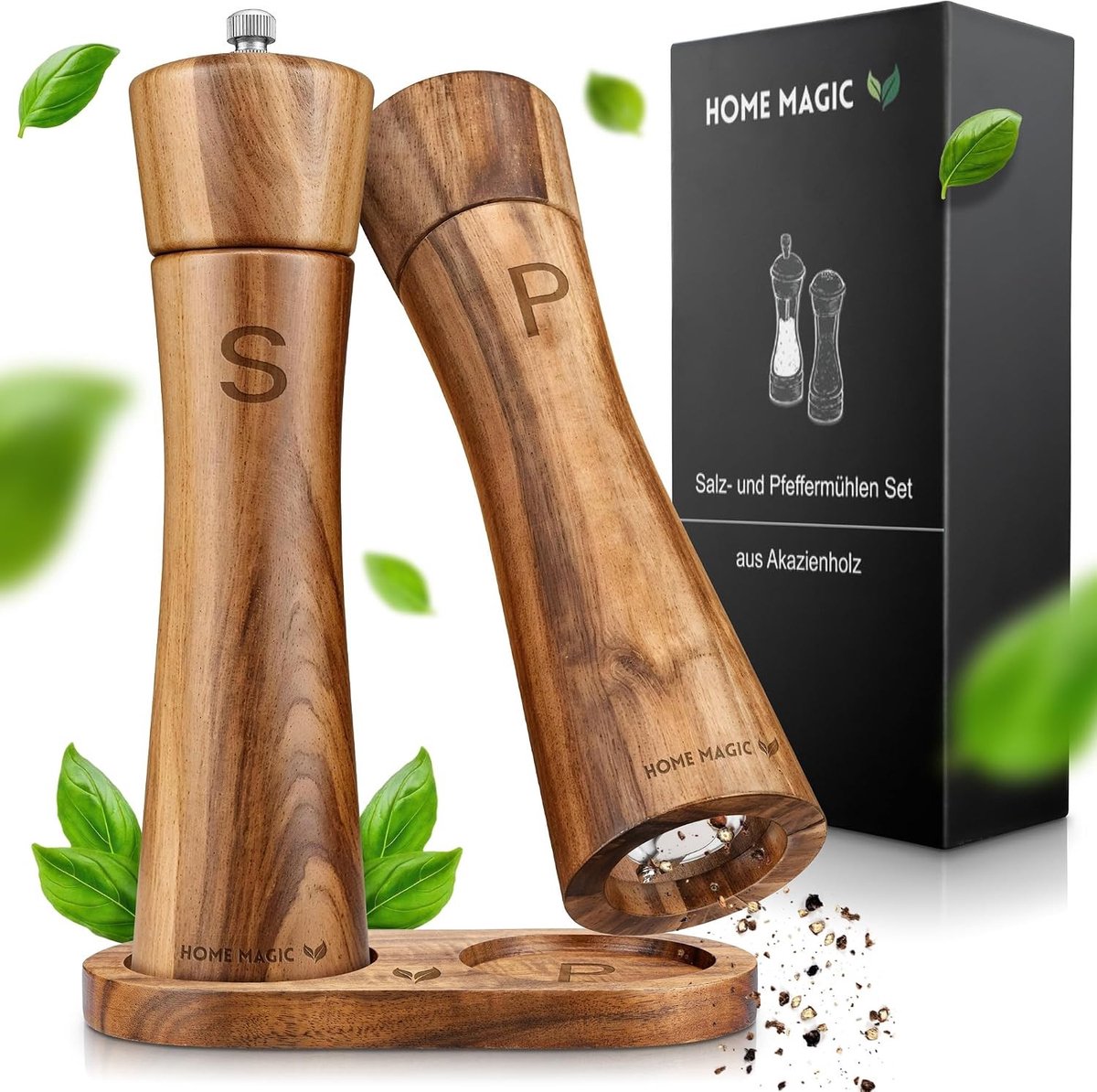 Premium Zout- en Pepermolen Set - Hout - 2 Stuks - Met Keramische Molen en Onderzetter - Voor de Keuken