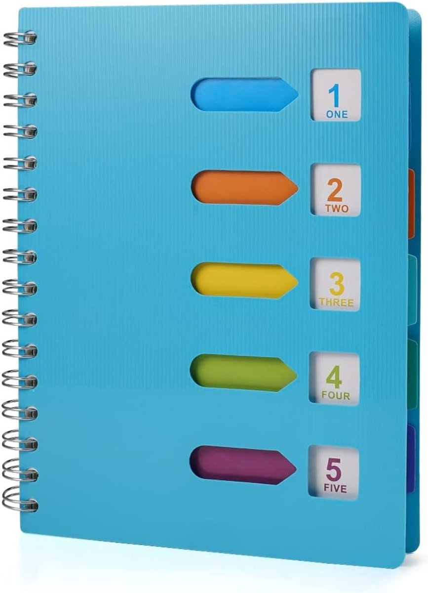 Notitieboek A5 met Tabbladen - Blauw - 16 x 21,4 cm - Waterbestendige Hardcover met Spiraalbinding - Voor Studenten
