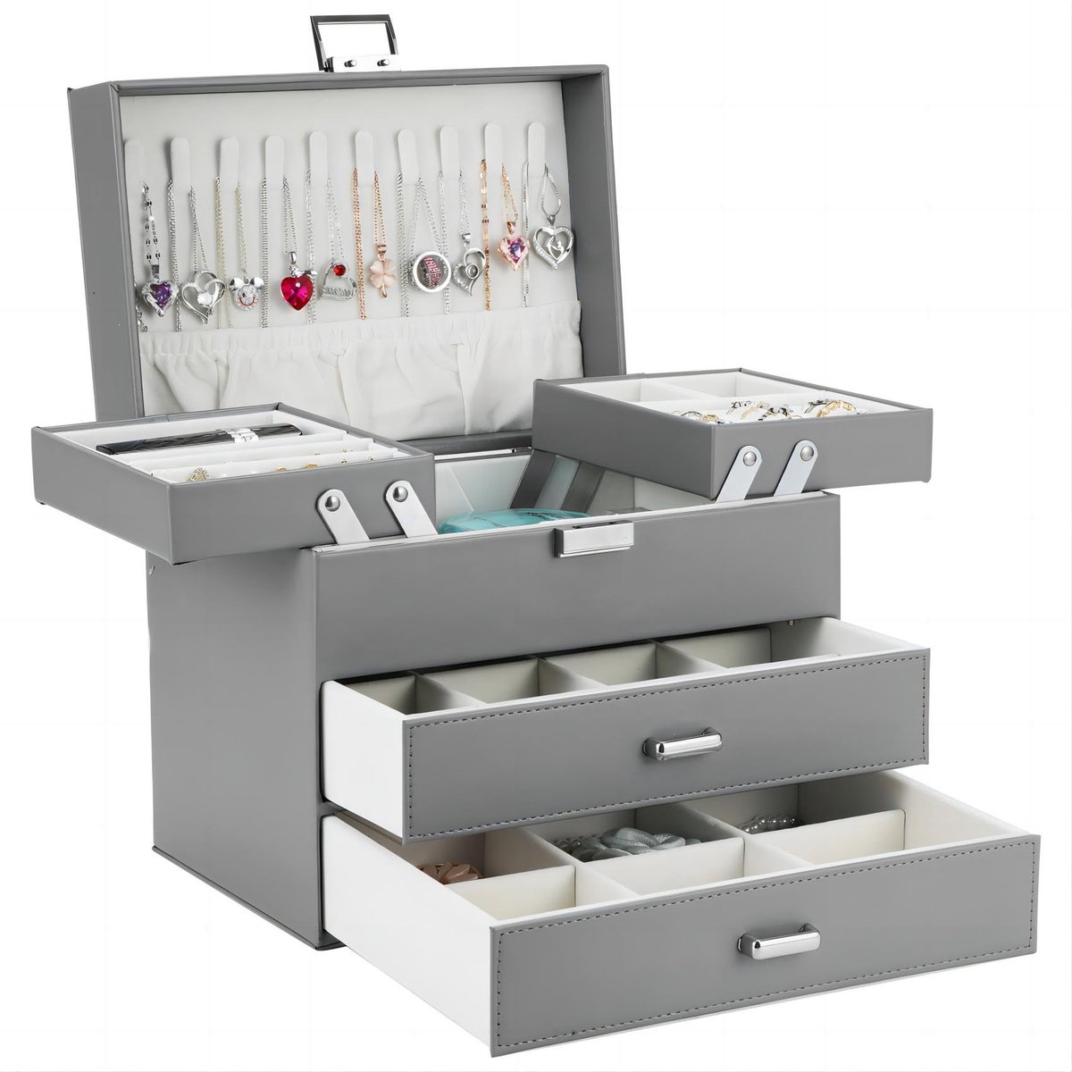 Elzusha - Sieradenbox met 4 niveaus en 2 lades - Grijs