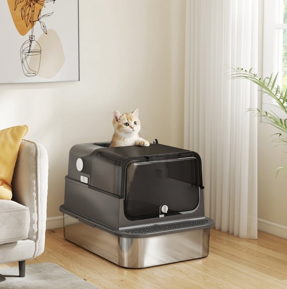 Kattenbak – XXL 70 x 50 x 46,5 cm – RVS – Zwart – Gesloten, Open Of Met Hoge Rand – Dubbele Ingang – Met Deksel