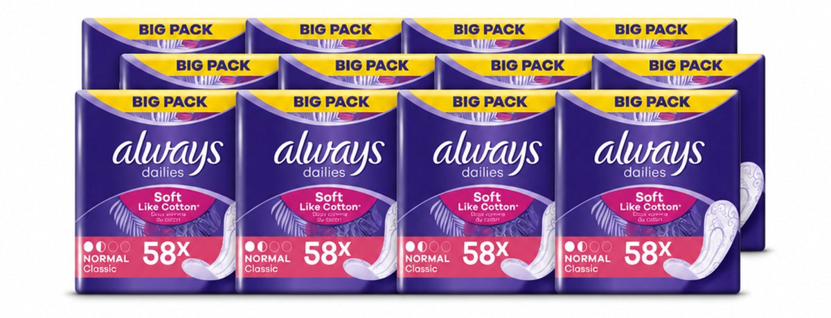 12 x Always - Inlegkruisjes - Normal - Zacht - 58 Inlegkruisjes - Voordeelverpakking - 12 stuks