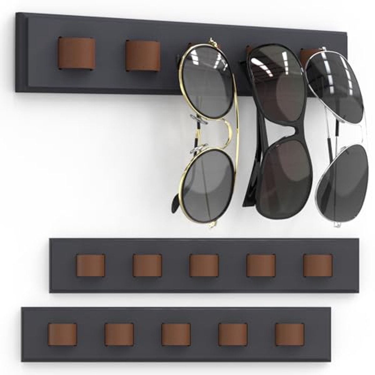 Opbergrek - Organizer - Opbergrek voor zonnebrillen - Organizer voor zonnebrillen - Houten brillenrek - Zonnebrillenhouder - Brillenhouder - Zonnebrillen houder - Wanddecoratie - Woondecoratie - Woonkamer decoratie - Donkergrijs - 3 stuks