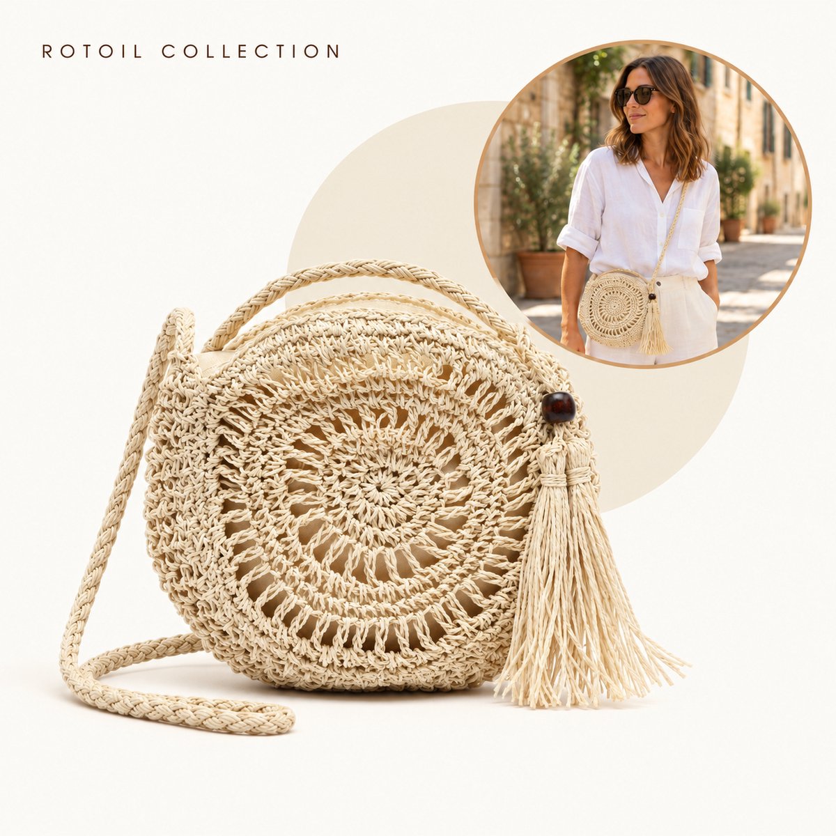 Rotoil Collection - Ronde Crossbody Tas Dames – Gevlochten Zomertas met Kwastje en Binnenvak – Rotanlook Schoudertas – 20 x 16 cm – Beige