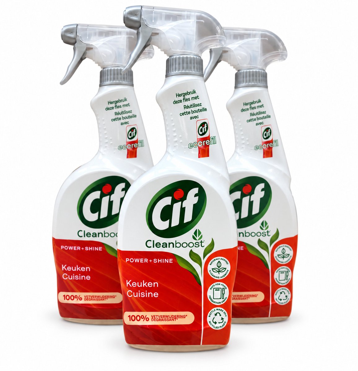 Cif CleanBoost Power+Shine Keukenreiniger Spray – Krachtige Vetverwijderaar – 3 x 750 ml