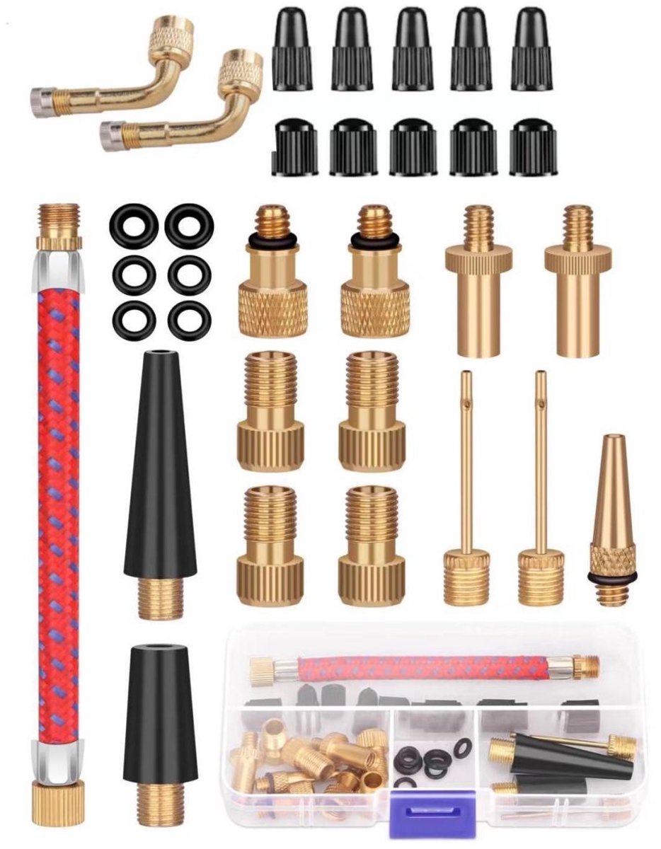 SSTRWGOOD 32 Stuks Fietspompaccessoires - Ventieladapter Set - Franse en Autoventiel Adapter - Geschikt voor Fietsen en Ballen - Messing - Incl. Compressor Adapter en Ballnaald