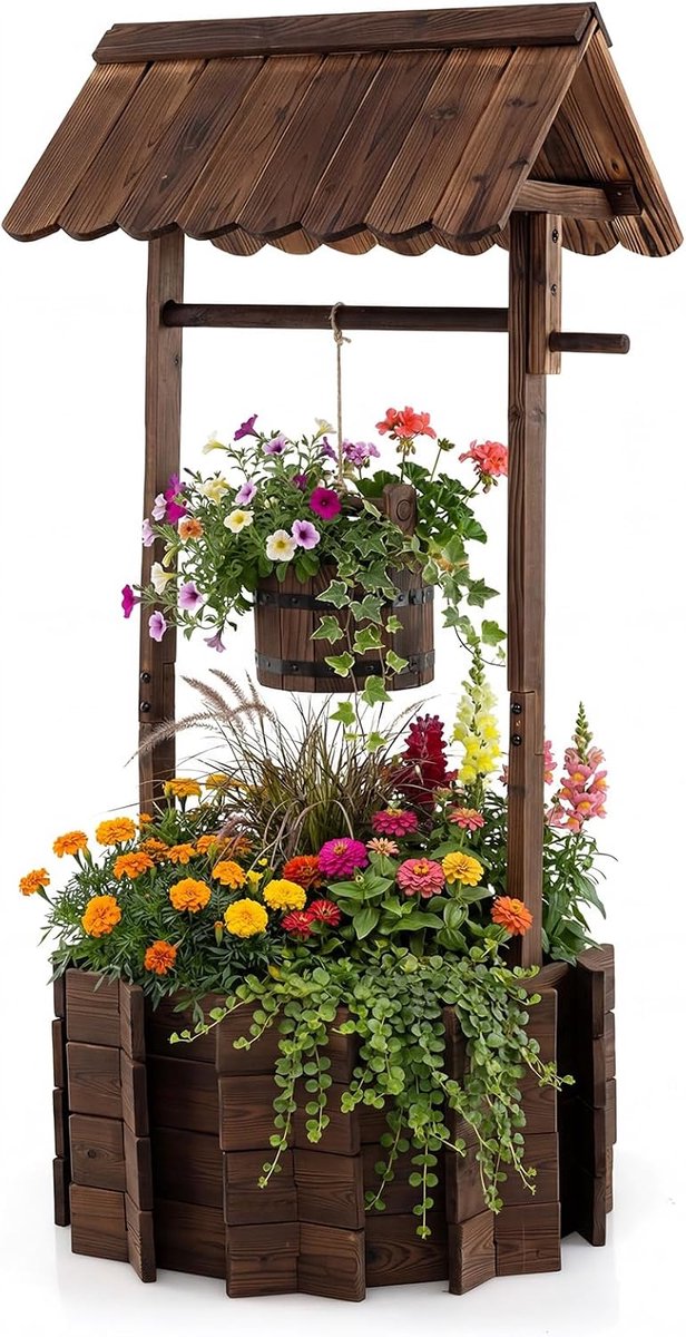 COSTWAY Houten fontein met dak, wensfontein tuin, bloembak, decoratieve fontein bloempot, decoratie voor buiten, veranda, 56 x 56 x 114 cm, bruin