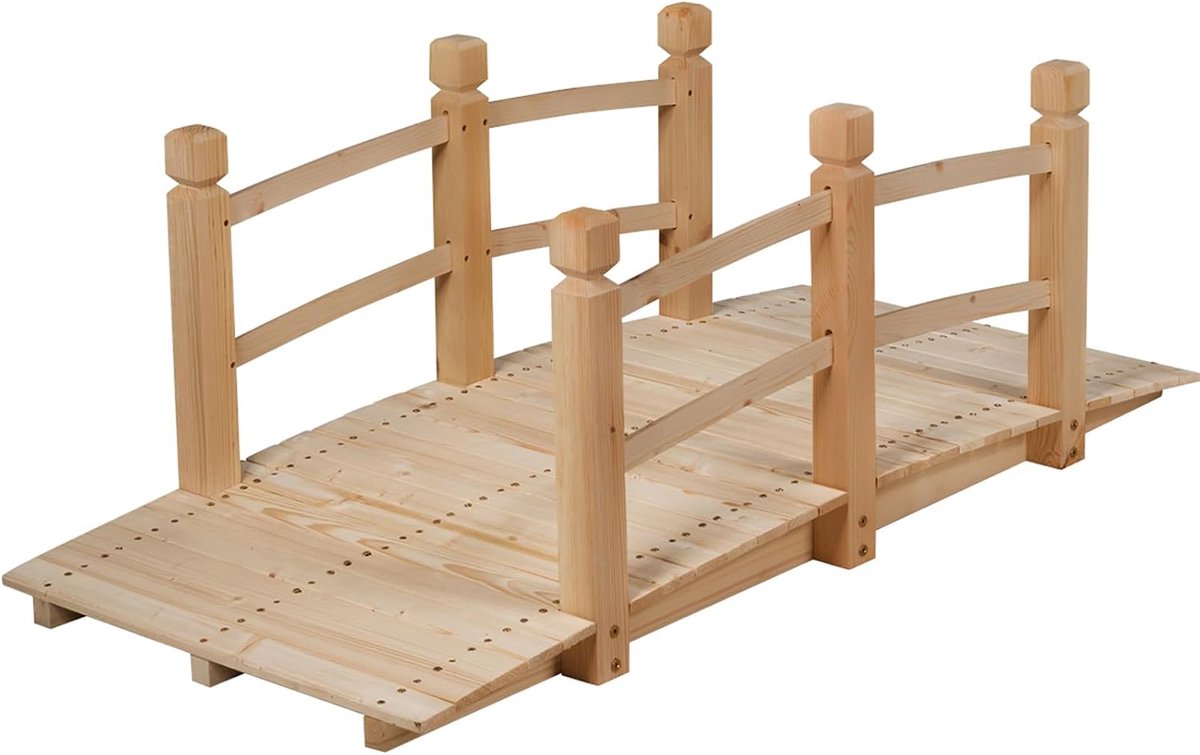 COSTWAY Brug, Vijverbrug Tuinbrug, Houten brug met leuningen, Sierbrug tot 180 kg belastbaar, van massief dennenhout, Decoratieve brug voor tuin vijver buiten, 150 x 67 x 55 cm, Natuur