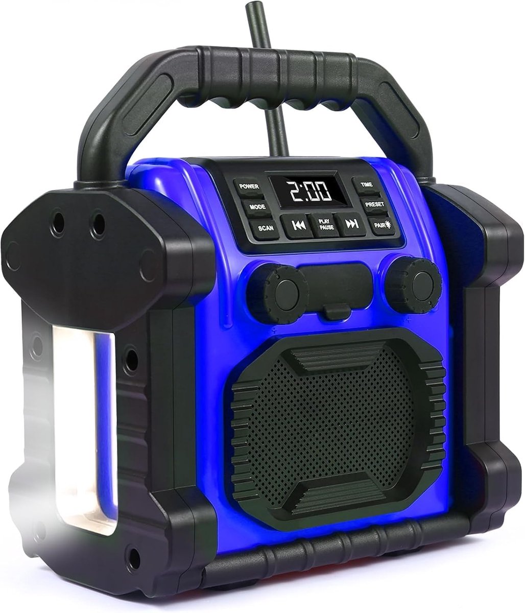Bouwradio met Bluetooth Speaker, 30W Draadloze Werkradio met FM-radio en Klok, IP66 Water- en Stofbestendig, Stevig Ontwerp met LED-verlichting, Voor Werkplaats, Bouwplaats, Garage en Buiten