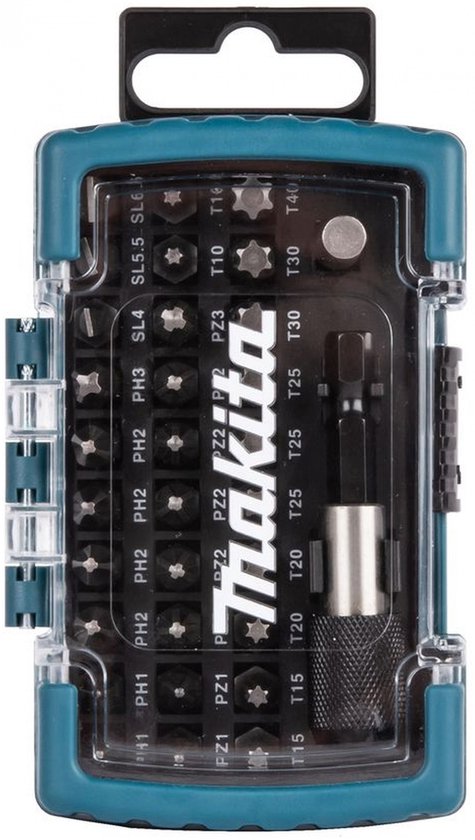 Makita schroefbitset 32dlg in een verticale, blauwe, transparante koffer met "Makita" logo.