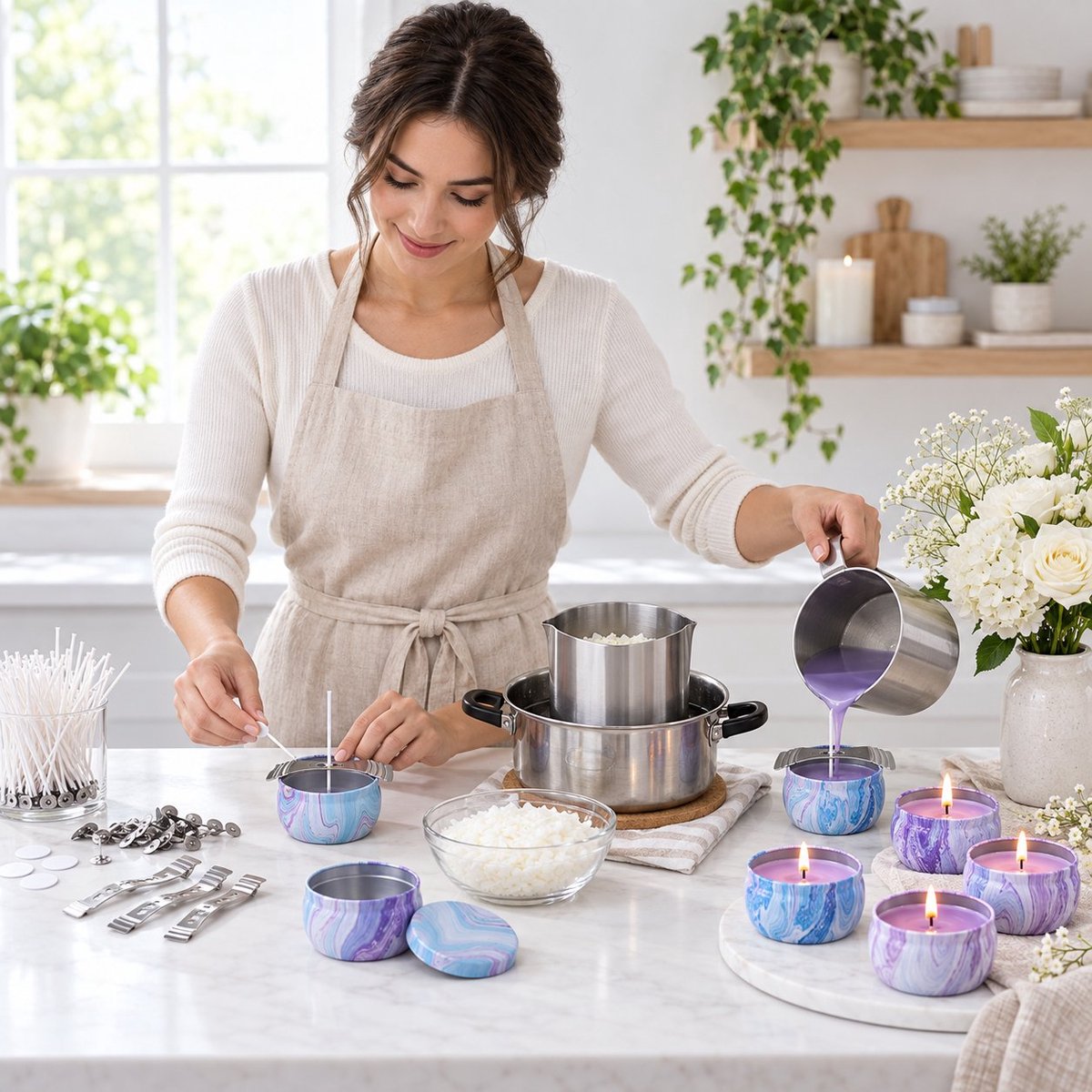 R&H® Kaarsen Maak Set - Complete DIY Candle Making Kit met 480g Bijenwas, 50 Lonten, Smeltpot en 9 Blikken