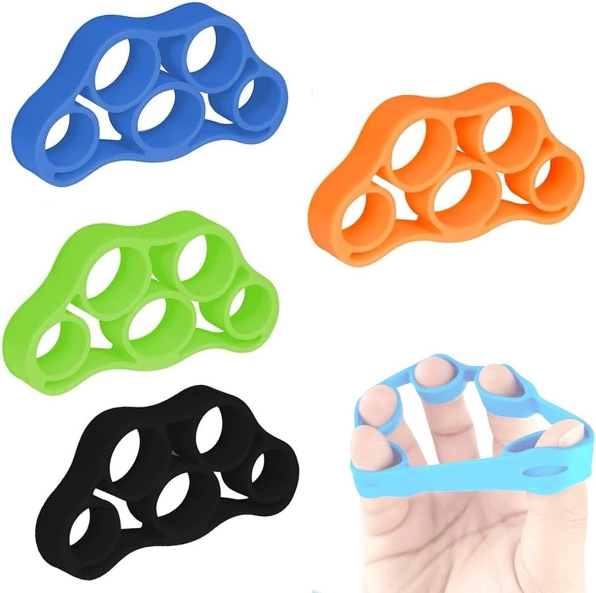 Set van 4 siliconen vingertrainers voor handkracht, therapiebal en gripversterking voor muzikanten en klimmers