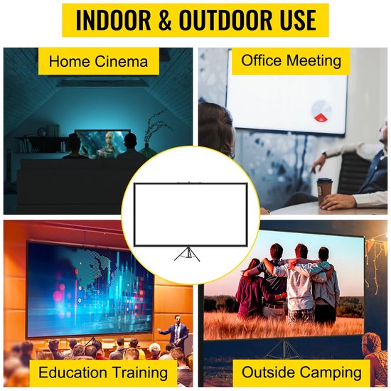 Veelzijdig projectiescherm voor 'Home Cinema', 'Office Meeting', 'Education Training' en 'Outside Camping'.