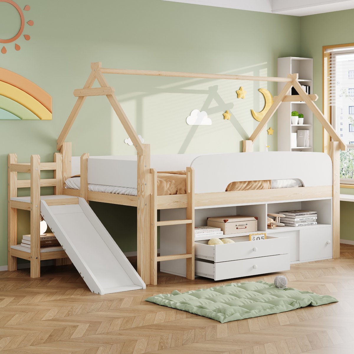 MIVRAY Kinderbed 90 x 200 cm - Hoogslaper met Glijbaan en Uitvalbeveiliging - Opbergruimte - Zonder Matras - Hout en MDF - Houtkleur Wit Naturel