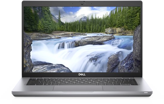Zilveren Dell laptop, open, met een scherm dat een waterval toont. Zijaanzicht.