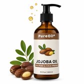 PureOil – Jojoba Olie – 240ml – Koudgeperst & Hexaanvrij – 100% Puur, Natuurlijk & Vegan – Voor Haar | Huid | Gezicht | Scalp | Wimpers | Wenkbrauwen | Nagels | Massage - Haarolie - Massage Olie - Incl. Ebook