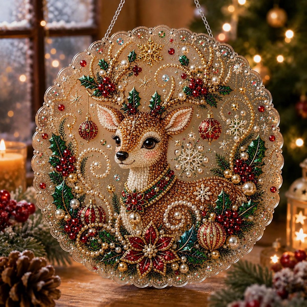 Kerst parel diamant schilderij raamdecoratie set - doe-het-zelf knutselproject - 20 cm - Kerstrendier