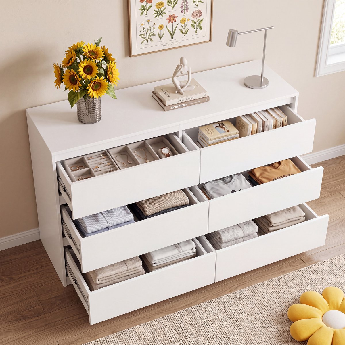 Xbro Ladekast met 6 Ruime Laden – Houten Opbergkast voor Slaapkamer en Woonkamer – Moderne Commode – Wit