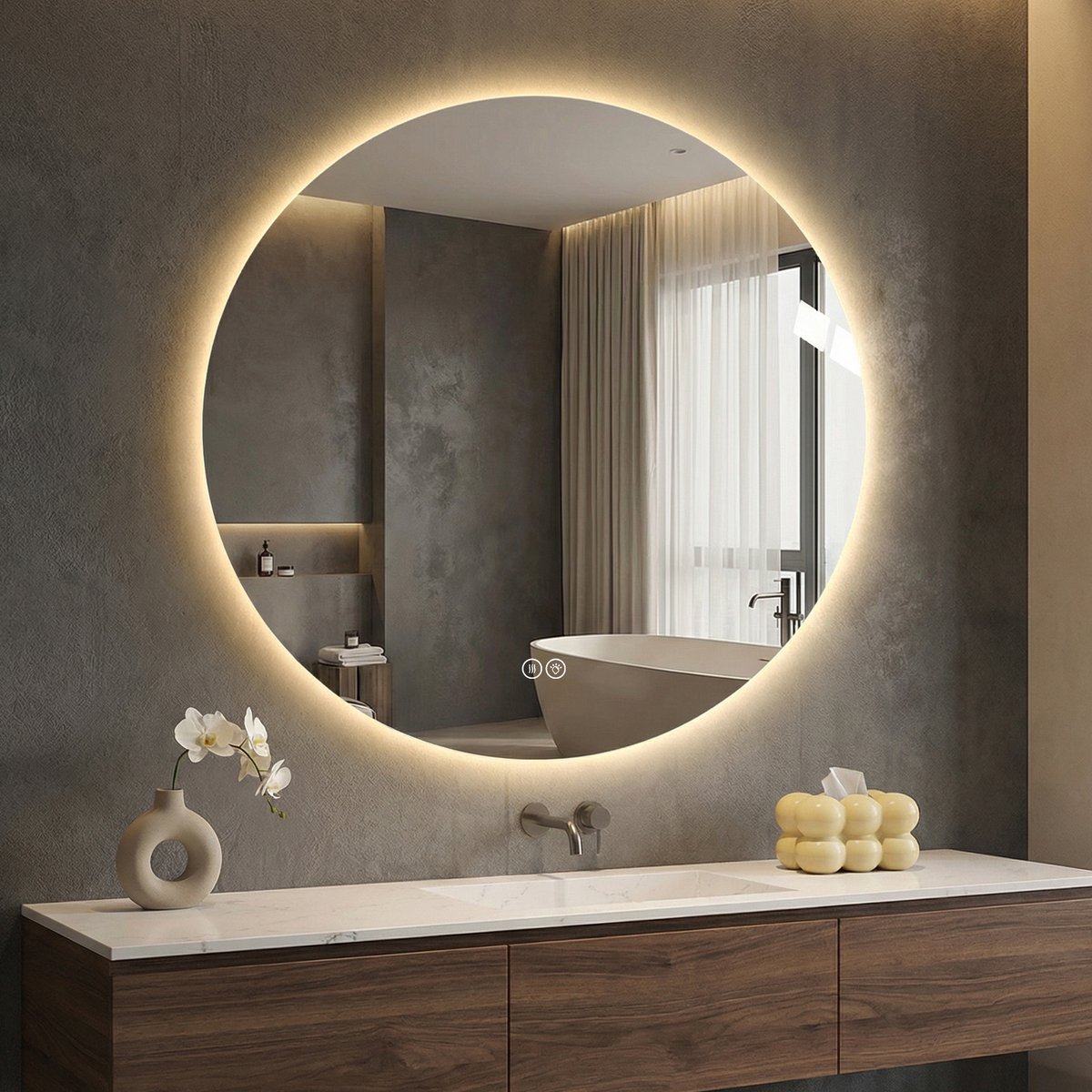 Ronde LED-badkamerspiegel 70 cm, achtergrondverlichting, anti-condens, 3 lichtkleuren, traploos dimmen, geheugenfunctie, aanraakschakelaar, 5 mm kopervrije HD-zilveren spiegel
