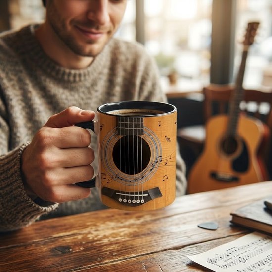 Bruin zwarte mok met gitaar en muzieknoten – keramische koffie mok voor dames en heren – muziek thema met akoestische gitaar print – drinkbeker voor warme en koude dranken – cadeau voor muziekliefhebbers – 1 stuk