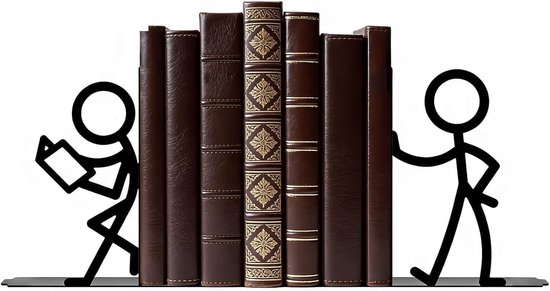 Twee zwarte metalen stickman-boekensteunen die een rij bruine, gebonden boeken vasthouden. Eén stickman leest een boek.