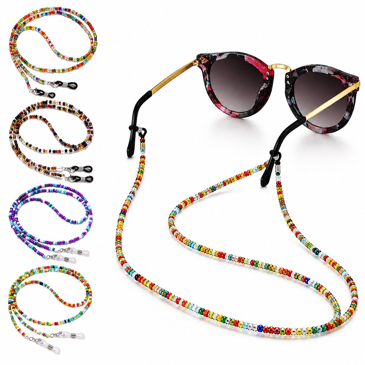 YYchan Brillenkoord met Kralen 4 Stuks - Brillenketting / Brilkoord voor Leesbril en Zonnebril - Verstelbare Siliconen Lussen - Antislip & Lichtgewicht - Multicolor Zonnebrilkoord voor Dames en Heren - 70 cm