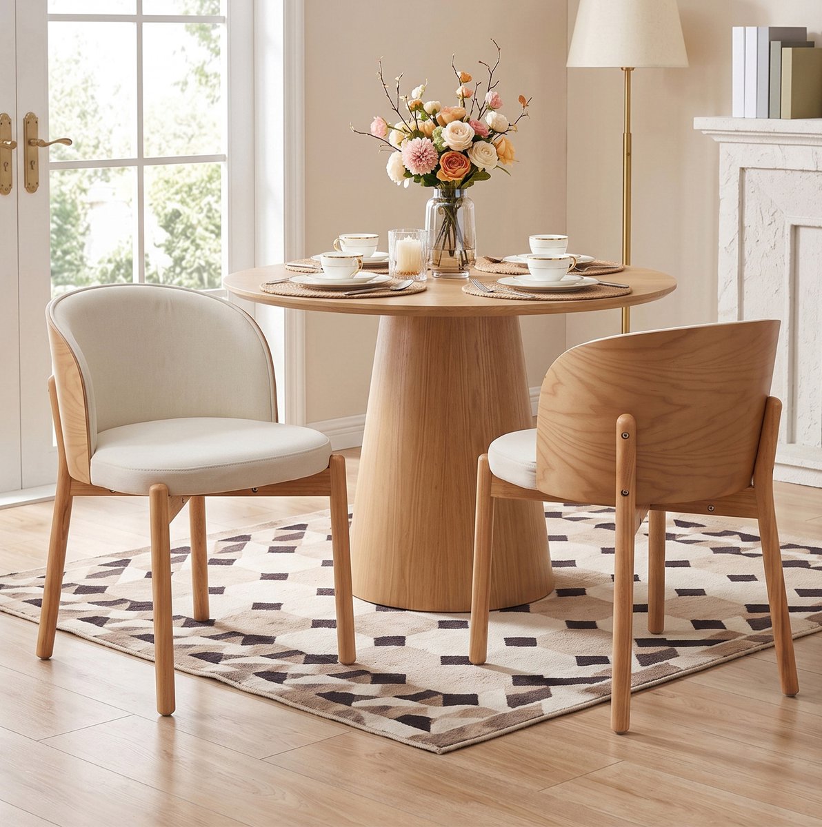 REDOM - Eetkamerstoelen set van 2 - Omhullende rugleuning - Armleuningen - Linnen stof - Houten frame - Moderne stijl - Natuurlijk en beige - 49 x 57 x 74 cm
