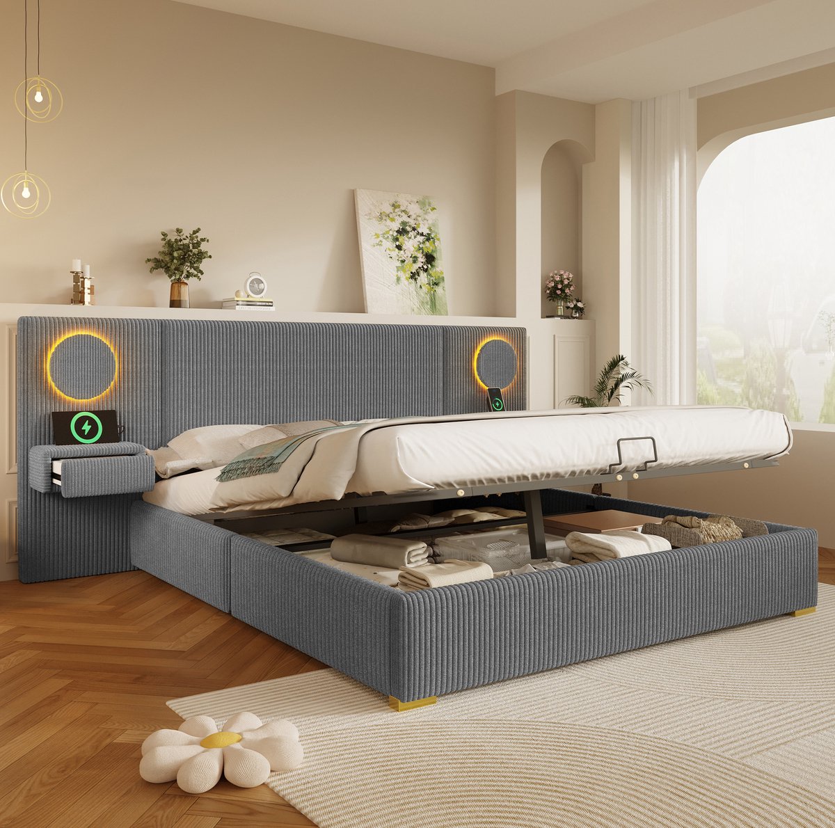 REDOM - Tweepersoonsbed - Hydraulische opbergruimte - LED-hoofdbord met USB-aansluitingen - Fluwelen bekleding - MDF - Grijs - 180 x 200 cm
