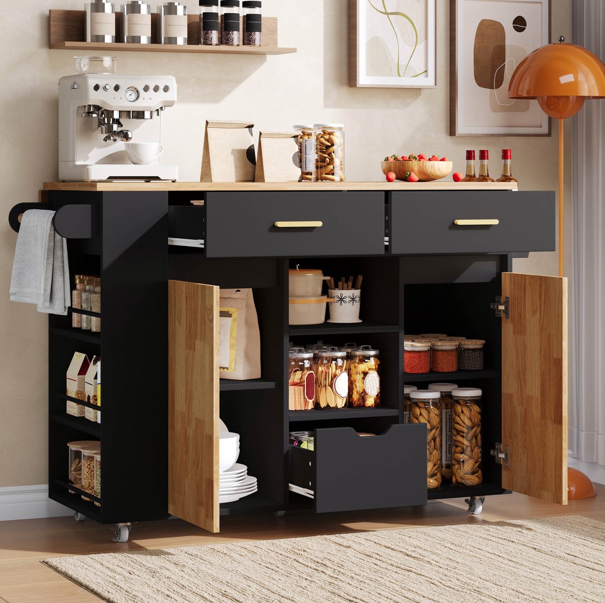 REDOM - Mobiel keukeneiland - Klapbaar werkblad - 3 laden en 3-laags kruidenrek - Vergrendelbare wielen - MDF - Zwart en naturel - 120 x 71 x 90 cm