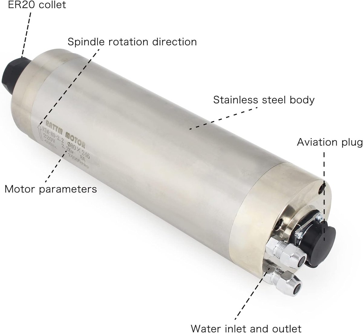 Watergekoelde Spilmotor 2,2 kW - 80 mm Diameter - 220 V - ER20 Klem - CNC Router Freesmachine