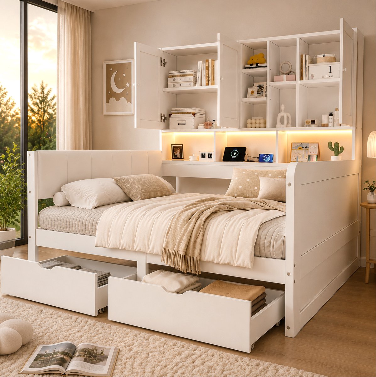REDOM - Kinderbed - Opbergruimte - LED-verlichting - USB-laadpunten - Bedlades - MDF en kunstleer - Wit - 140 x 200 cm