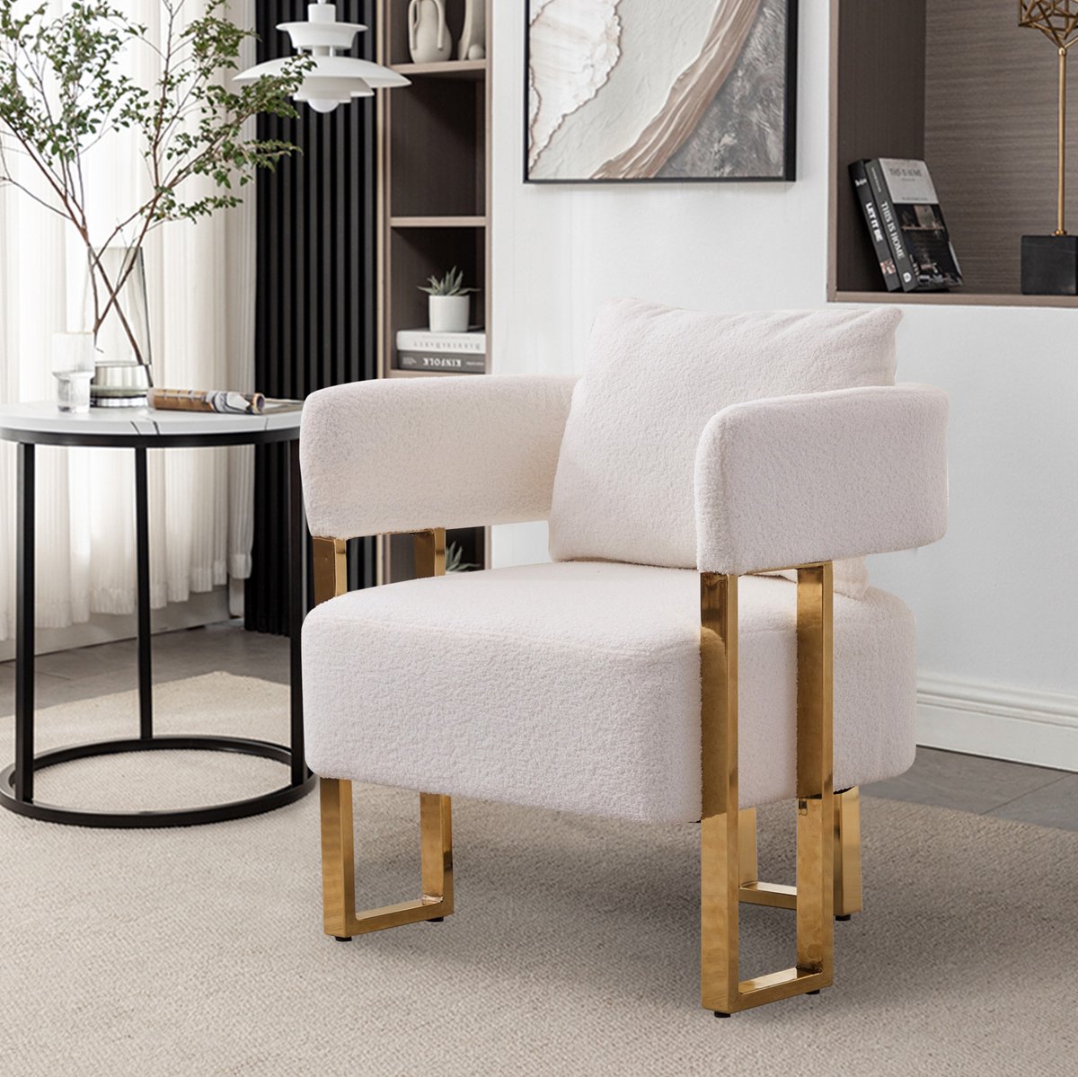 REDOM - Fauteuil - Enkelzit - Fluwelen bekleding - Met armleuningen en rugkussen - Metalen frame - Moderne stijl - Woonkamer - Wit - 68 x 68 x 70 cm